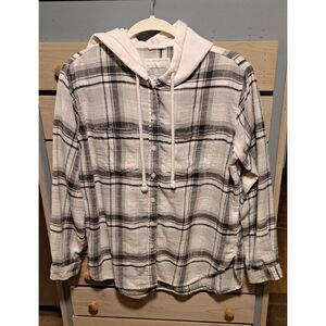 American Eagle Grey Plaid Hooded Button-Up Flannel - X-Small